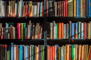 Book shelves filled with colorful books from end to end.