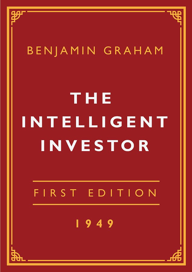 Red book cover with the title "The Intelligent Investor," by Benjamin Graham, First Edition, 1949.