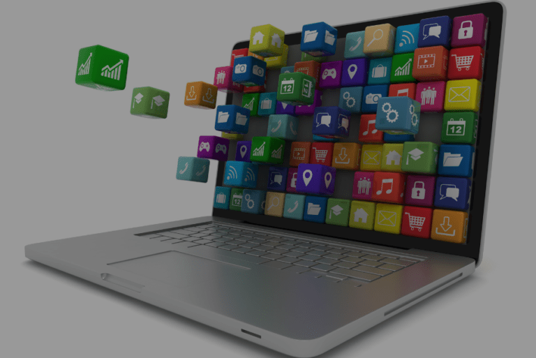 An open lap top with colorful logos representing ai tools floating off the screen.