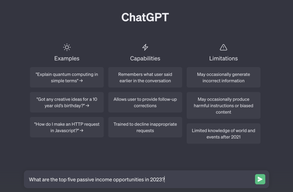 ChatGPT home page with the question of what are the top five passive income opportunities in 2023?