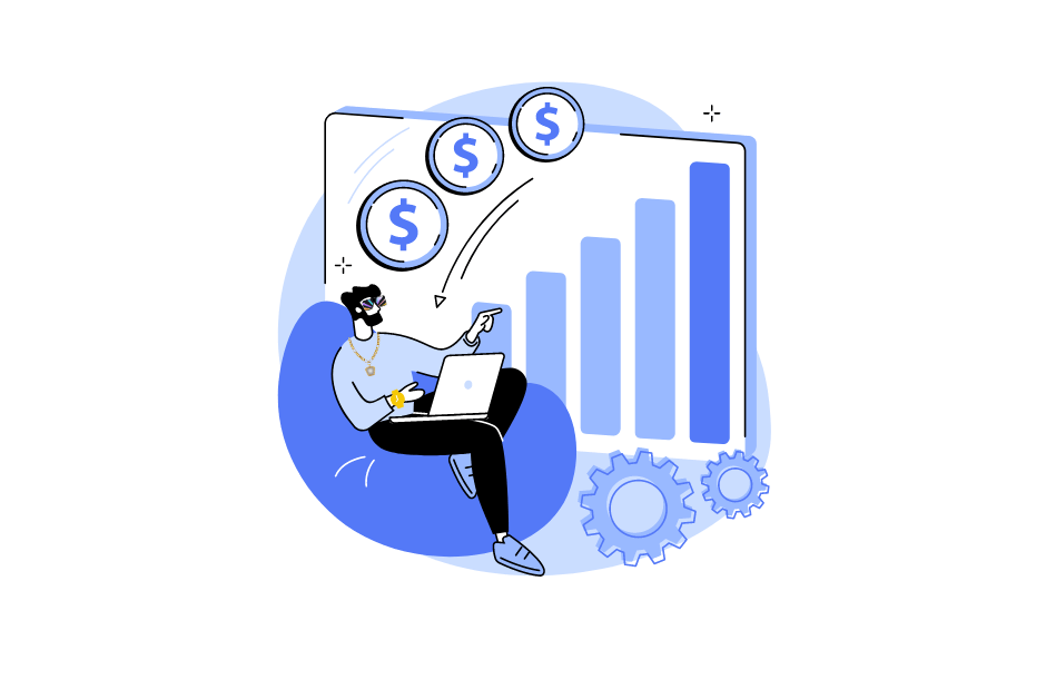 A man sitting with his computer showing a graph of making passive income with an online business.