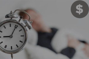 Man sleeping with a dollar sign over his head depicting he is making money in his sleep.