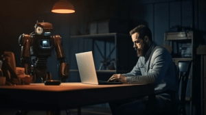 Man sitting at table in front of laptop with an AI writing assistant watching over him.