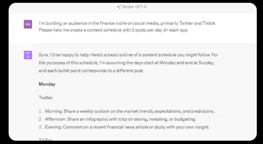 ChatGPT instructing a user on how to create a content calendar for social media posts. 