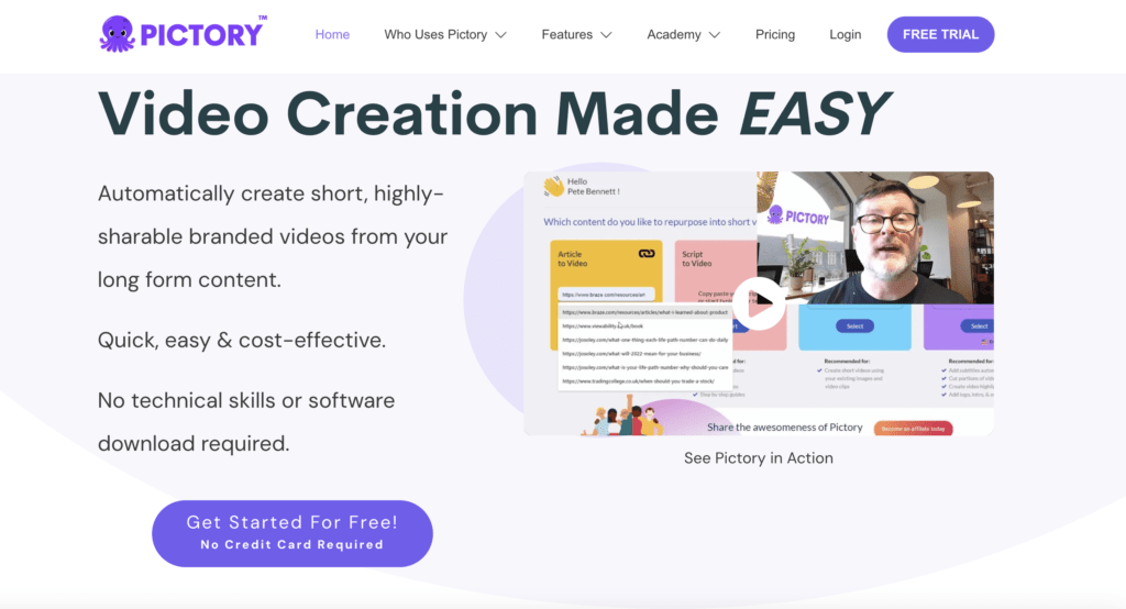Homepage from Pictory.ai that has a caption of Video Creation Made Easy. 