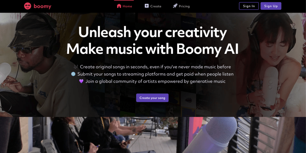 Homepage for boomy captioning unleash your creativity, make music with Boomy AI.