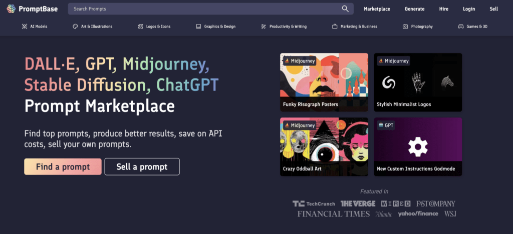 Homepage for Promptbase, a prompt marketplace for Midjourney, ChatGPT and other AI tools. 