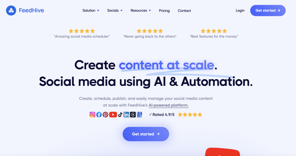 Homepage for FeedHive promoting to create content at scale and social media using AI and automation. 