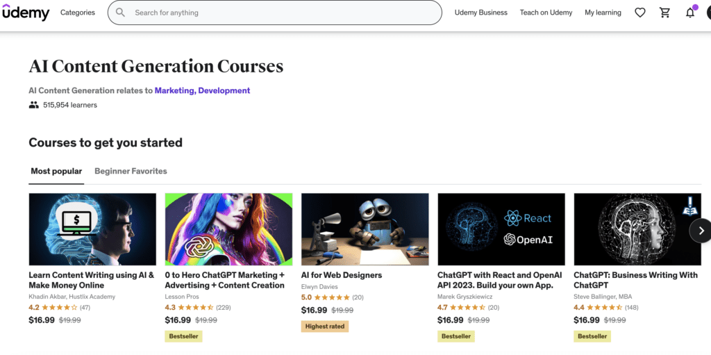 Udemy screen showing different course thumbnails for AI content generation. 