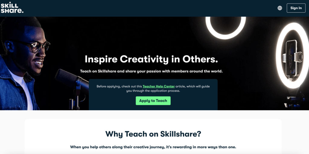 SkillShare teaching page with the caption of inspiring creativity in others. 