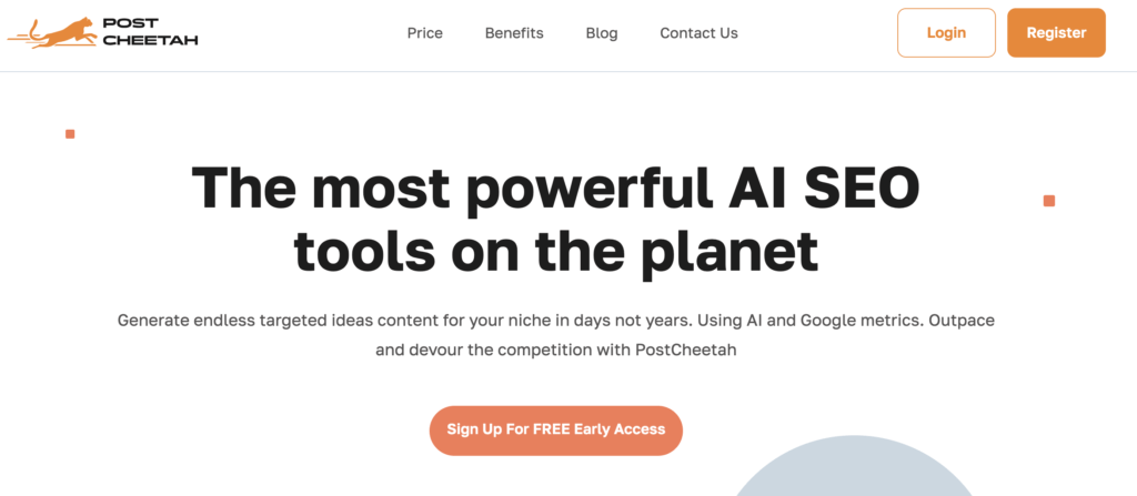 Homepage for Post Cheetah captioning itself as the most powerful AI SEO tool on the planet. 