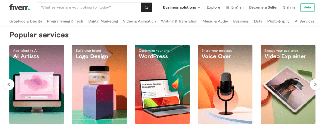 Homepage of Fiverr.com featuring popular freelance services. 