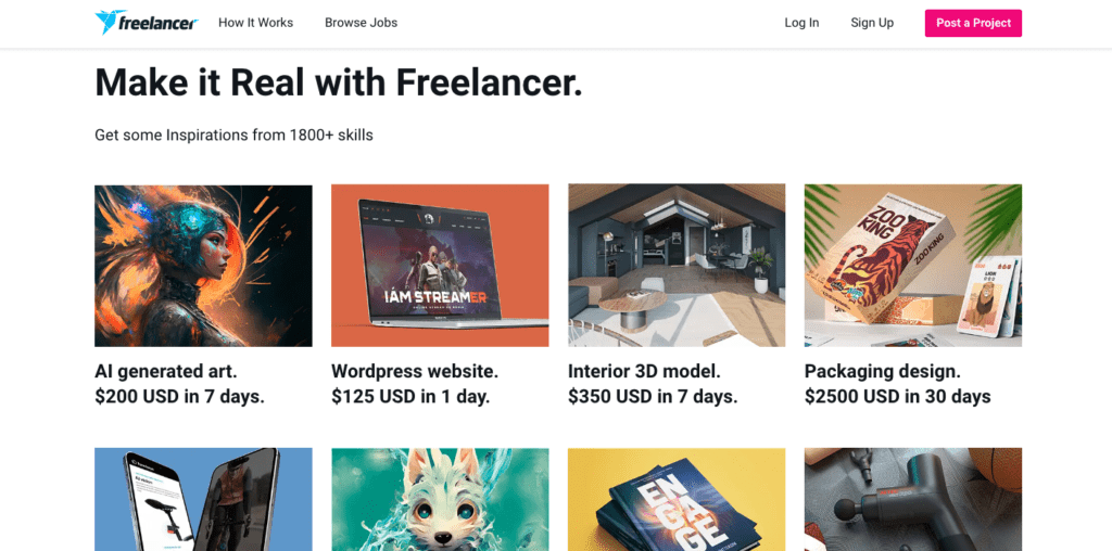 Home screen for Freelancer.com featuring images of of various freelance opportunities. 