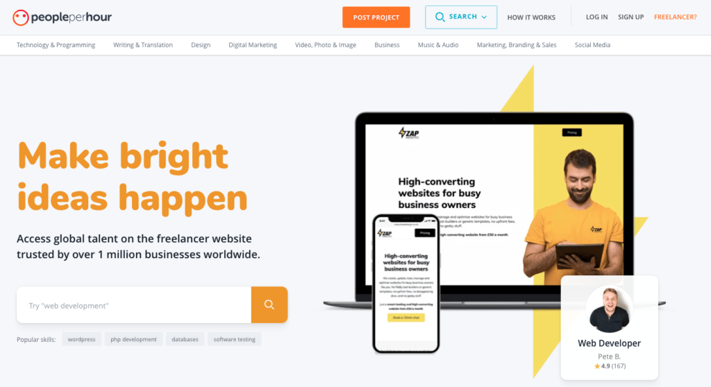Homepage for people per hour website featuring web developer freelance opportunity. 