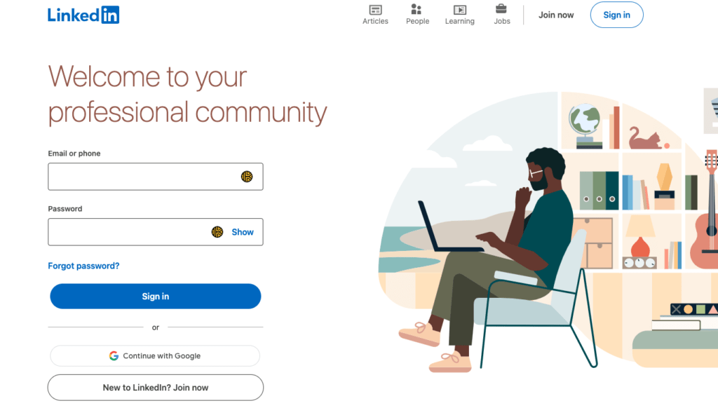 Homepage for linkedin showing an animation of a man sitting in a chair with his laptop open. 