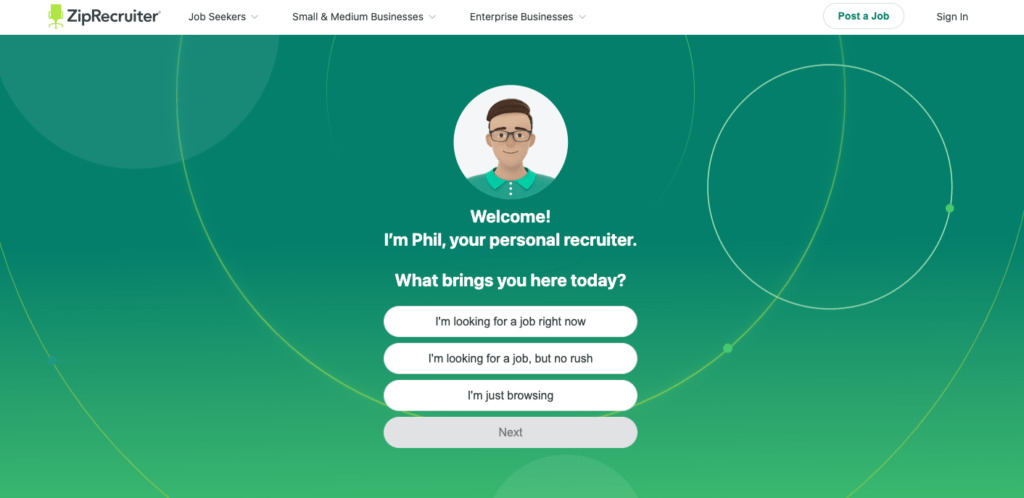 Homepage of Ziprecruiter featuring an animation of a man captioning that his name is Phil and he is your personal recruiter. 