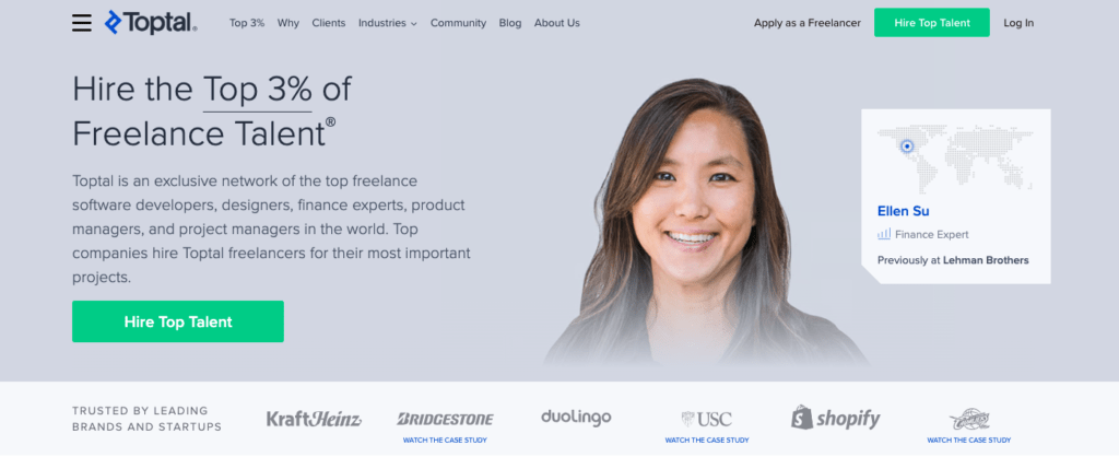 Homepage for Toptal featuring an image of a woman with the caption hire the top three percent of freelance talent. 