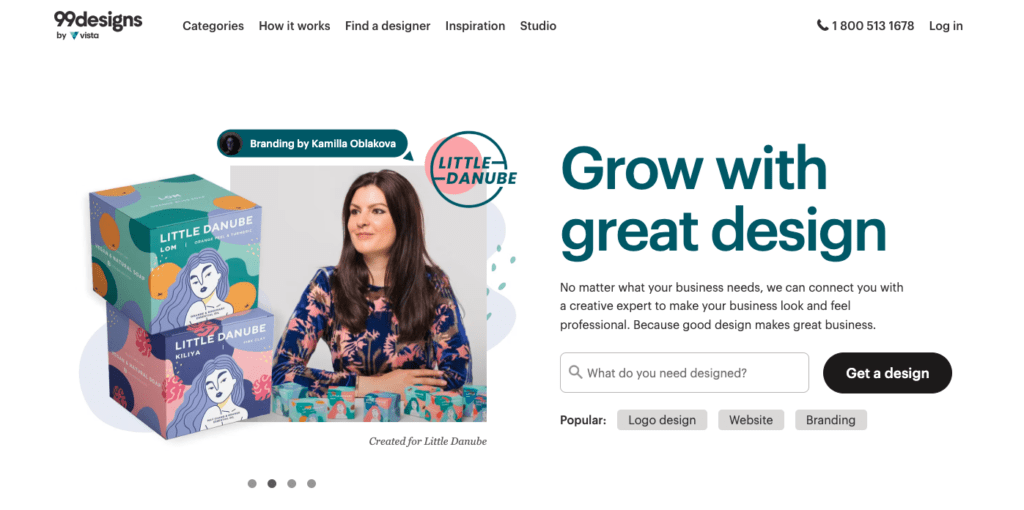 99designs homepage featuring a woman and the caption of grow with design. 