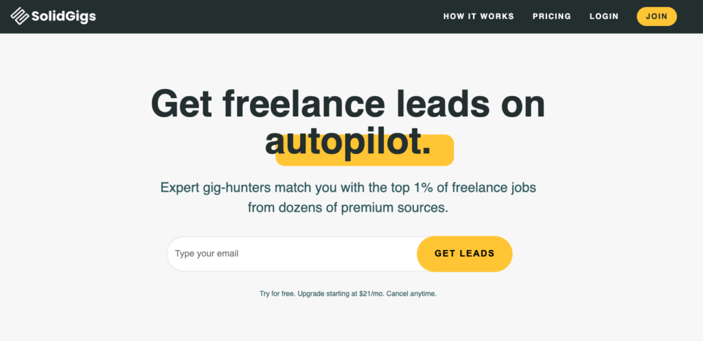 Homepage for solidgigs with the caption of get freelance leads on autopilot. 