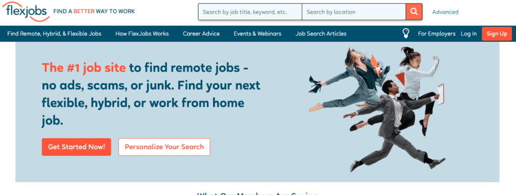 Homepage for flexjobs website. 