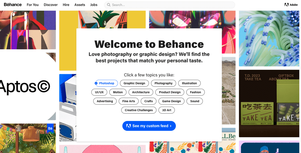 Homepage for Behance website featuring different freelance topics. 