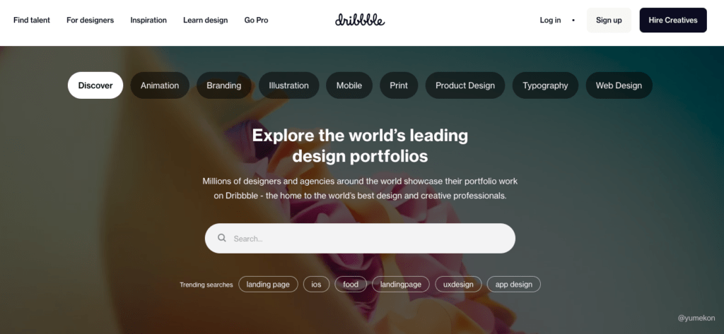 Homepage for dribble with the caption of explore the world's leading design portfolios. 