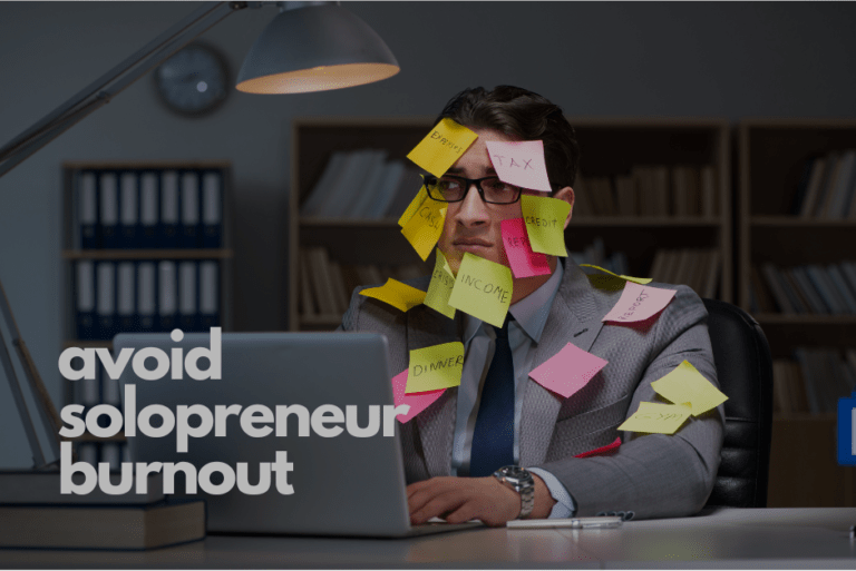 A stressed businessman sitting in front of his laptop with colorful post it notes stuck to his face and the caption of avoid solopreneur burnout.