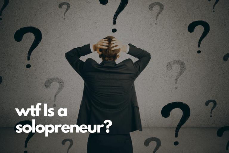 A man standing with his arms over his head and looking confused with question marks wondering what is a solopreneur.