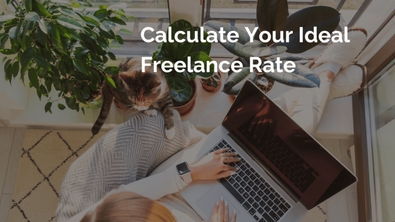A woman typing on her laptop calculating her ideal freelancer rate.